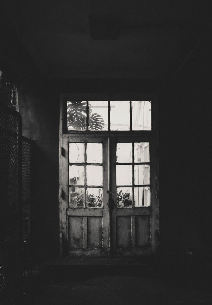 grayscale photo of wooden framed clear glass door